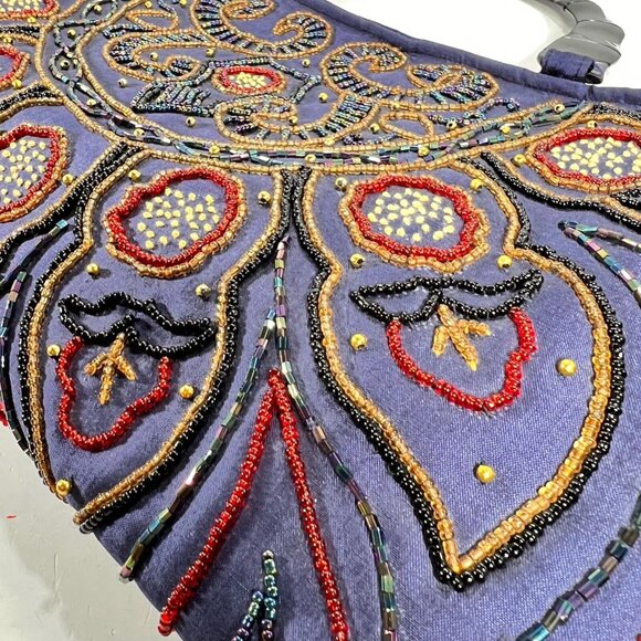 Blue Purple Beaded Purse Handbag Acrylic Bamboo style Handles Unbranded Zipper - Picture 2 of 14